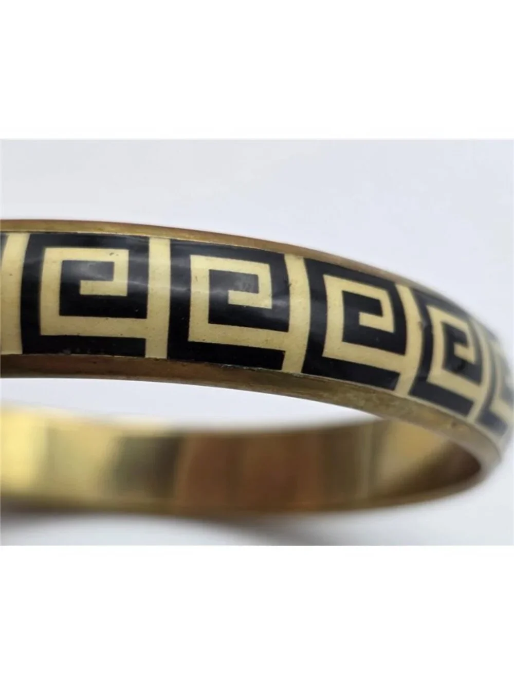 Vintage Gold Tone Black Cream Enamel Greek Key Bangle Bracelet 8 In Geometric